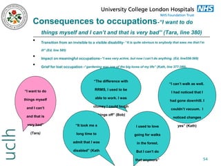 Consequences to occupations-“I want to do
things myself and I can’t and that is very bad” (Tara, line 380)

•

Transition from an invisible to a visible disability- “It is quite obvious to anybody that sees me that I’m
ill” (Ed, line 585)

•
•

Impact on meaningful occupations–“I was very active, but now I can’t do anything. (Ed, line558-569)
Grief for lost occupation -“gardening was one of the big loves of my life” (Kath, line 377-389).

“The difference with
“I want to do

RRMS, I used to be

things myself

able to work. I was

and I can’t

clumsy I could laugh

and that is

“I can’t walk as well.

things off” (Bob)

I had noticed that I
had gone downhill. I
couldn’t vacuum. I
noticed changes

very bad”

“It took me a

I used to love

(Tara)

long time to

going for walks

admit that I was

in the forest.

disabled” (Kath

But I can’t do
that anymore”

yes” (Kath)

54

 