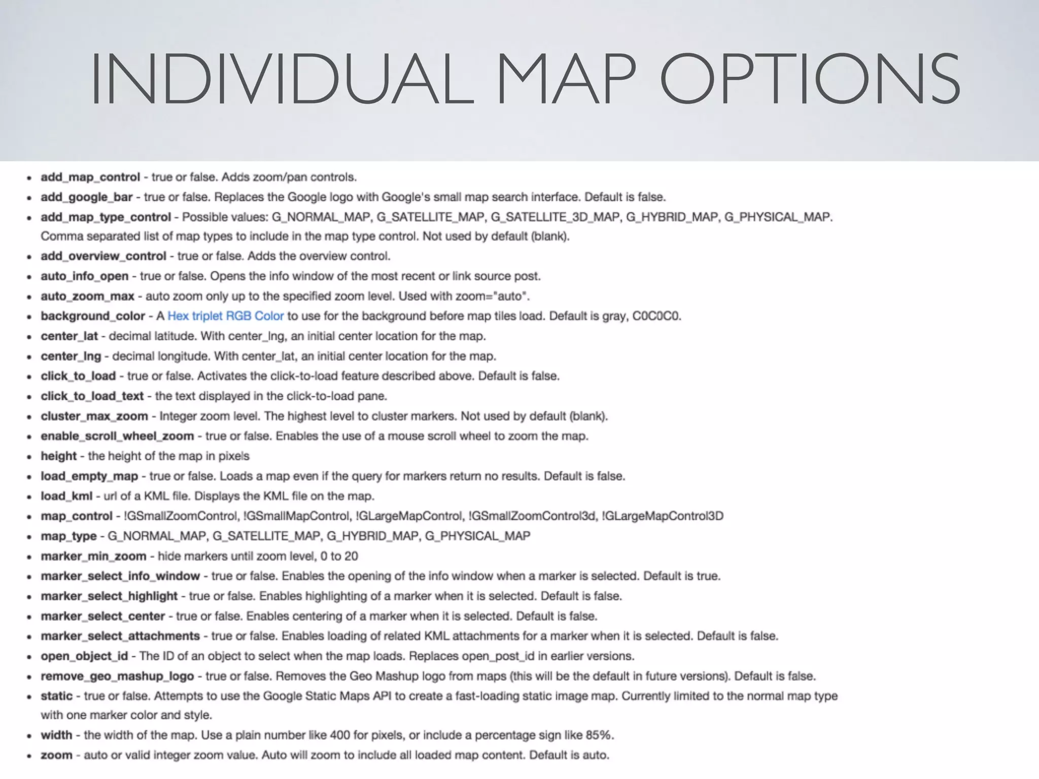 INDIVIDUAL MAP OPTIONS
 