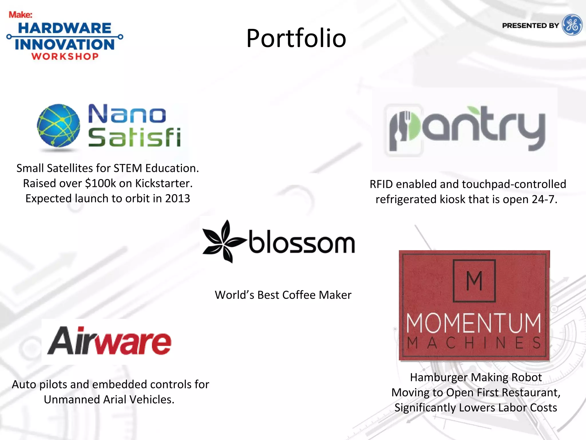 Portfolio
Small Satellites for STEM Education.
Raised over $100k on Kickstarter.
Expected launch to orbit in 2013
Auto pilots and embedded controls for
Unmanned Arial Vehicles.
Hamburger Making Robot
Moving to Open First Restaurant,
Significantly Lowers Labor Costs
RFID enabled and touchpad-controlled
refrigerated kiosk that is open 24-7.
World’s Best Coffee Maker
 