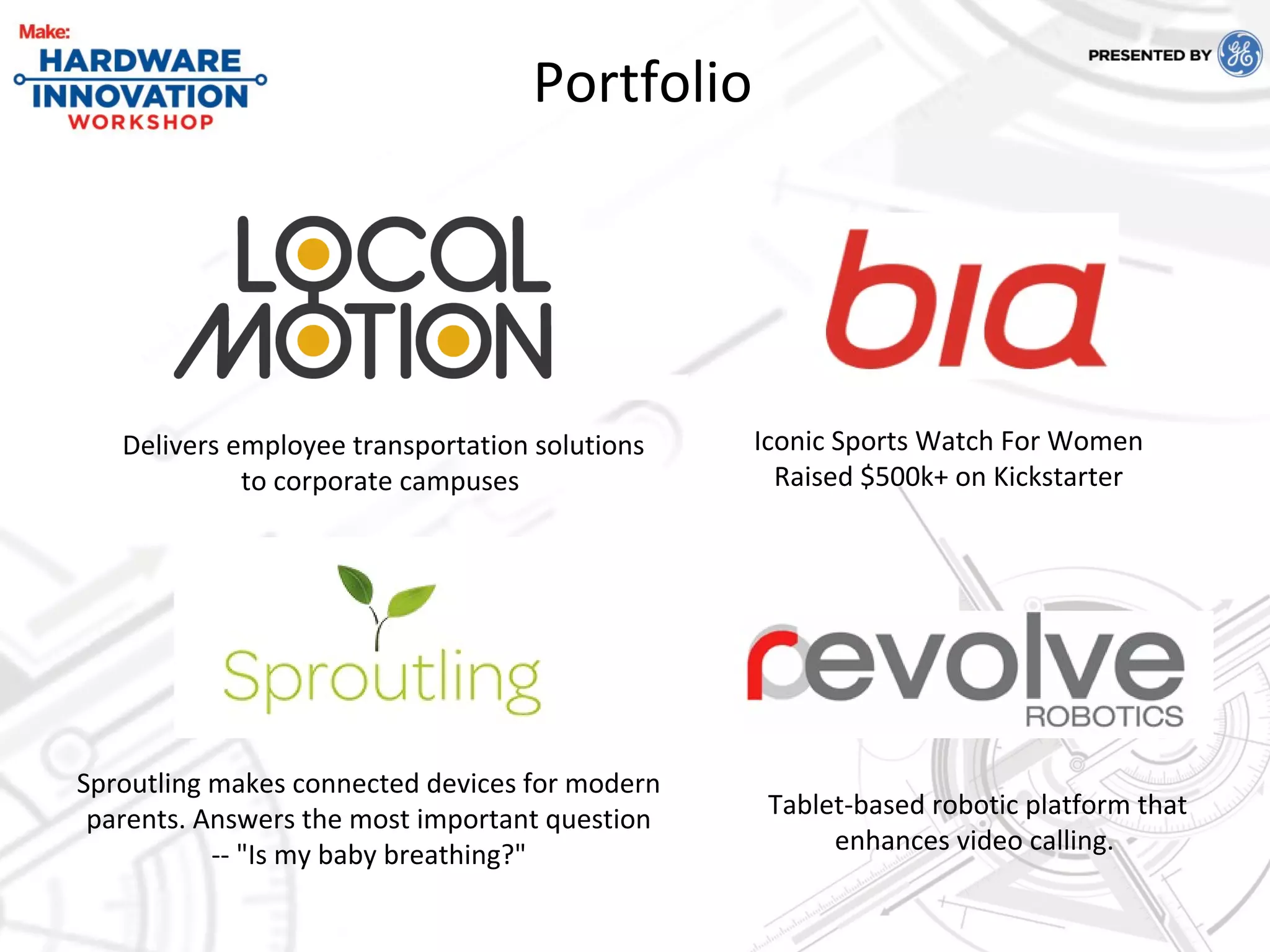 Delivers employee transportation solutions
to corporate campuses
Portfolio
Tablet-based robotic platform that
enhances video calling.
Iconic Sports Watch For Women
Raised $500k+ on Kickstarter
Sproutling makes connected devices for modern
parents. Answers the most important question
-- "Is my baby breathing?"
 