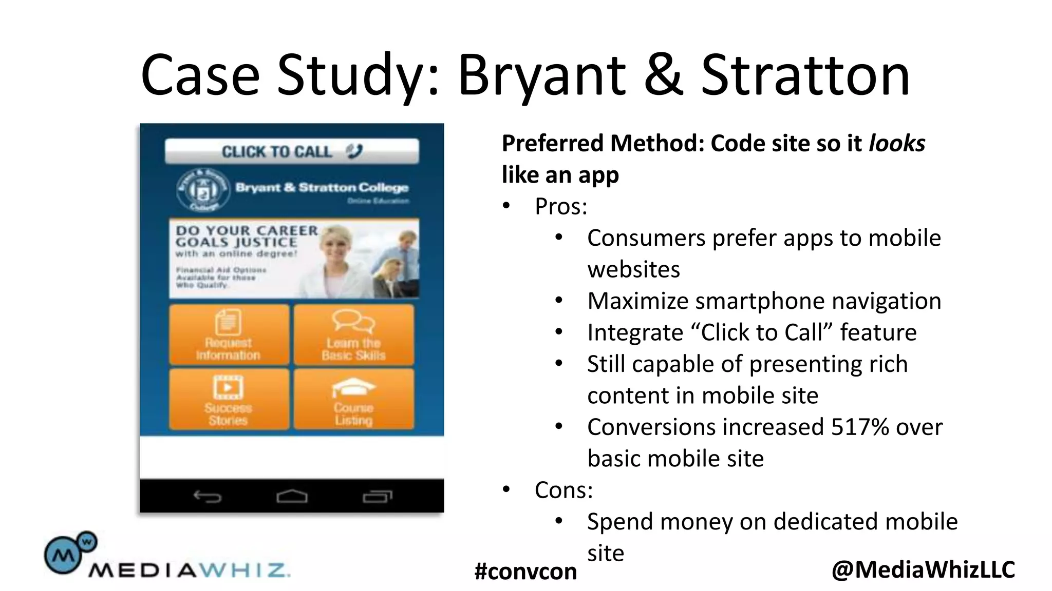 Case Study: Bryant & Stratton
              Preferred Method: Code site so it looks
              like an app
              • Pros:
                    • Consumers prefer apps to mobile
                       websites
                    • Maximize smartphone navigation
                    • Integrate “Click to Call” feature
                    • Still capable of presenting rich
                       content in mobile site
                    • Conversions increased 517% over
                       basic mobile site
              • Cons:
                    • Spend money on dedicated mobile
                       site
            #convcon                           @MediaWhizLLC
 