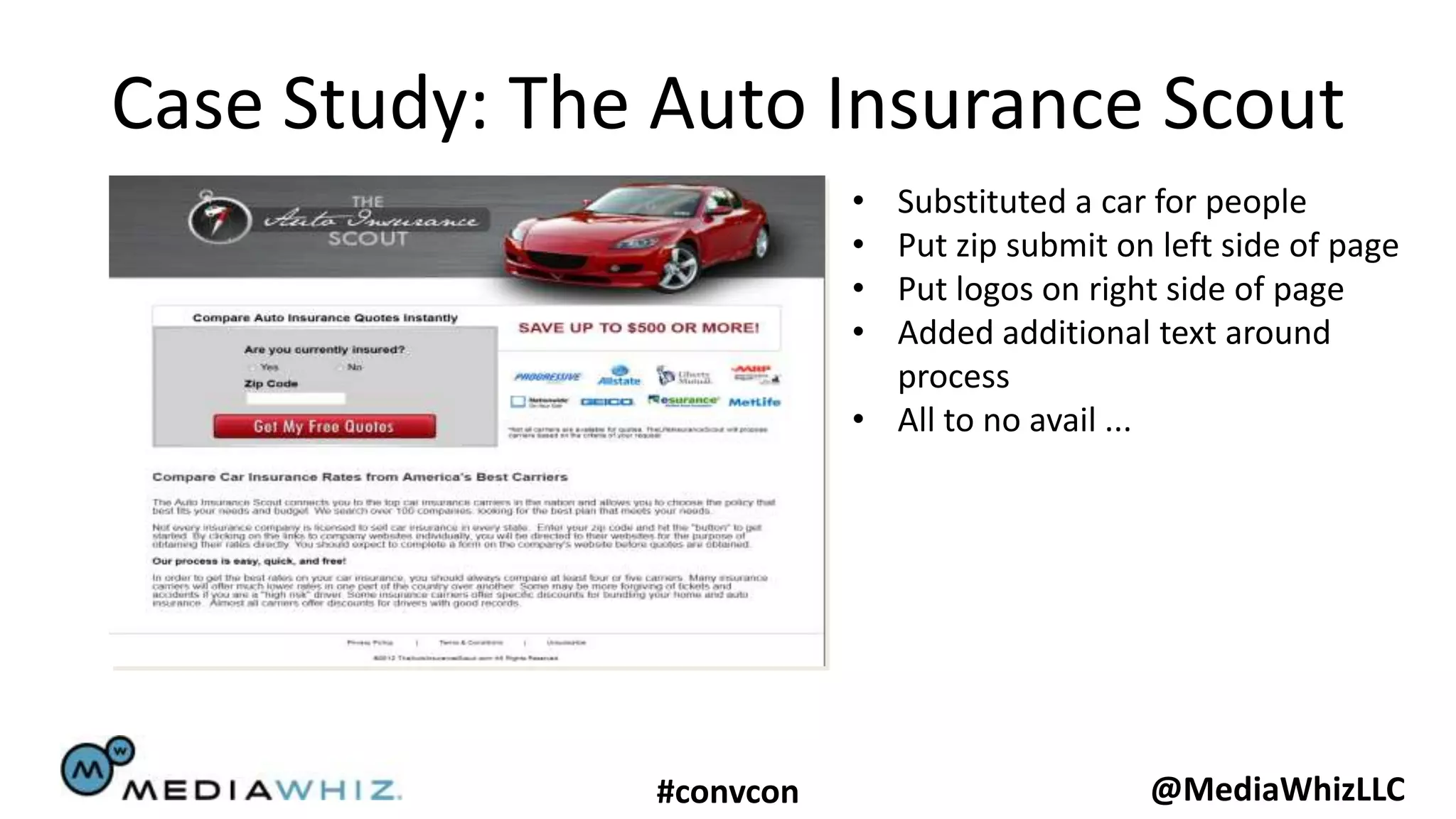 Case Study: The Auto Insurance Scout
                          • Substituted a car for people
                          • Put zip submit on left side of page
                          • Put logos on right side of page
                          • Added additional text around
                            process
                          • All to no avail ...




               #convcon                       @MediaWhizLLC
 