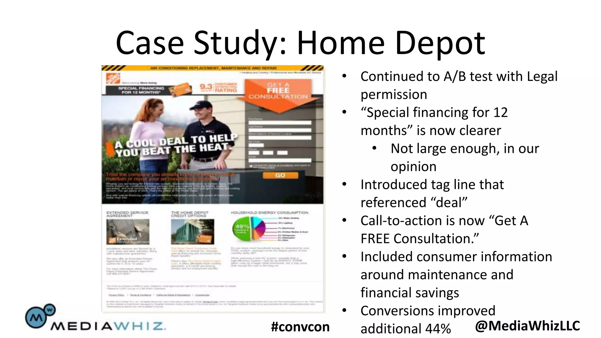 Case Study: Home Depot
                  • Continued to A/B test with Legal
                    permission
                  • “Special financing for 12
                    months” is now clearer
                      • Not large enough, in our
                          opinion
                  • Introduced tag line that
                    referenced “deal”
                  • Call-to-action is now “Get A
                    FREE Consultation.”
                  • Included consumer information
                    around maintenance and
                    financial savings
                  • Conversions improved
         #convcon   additional 44%      @MediaWhizLLC
 
