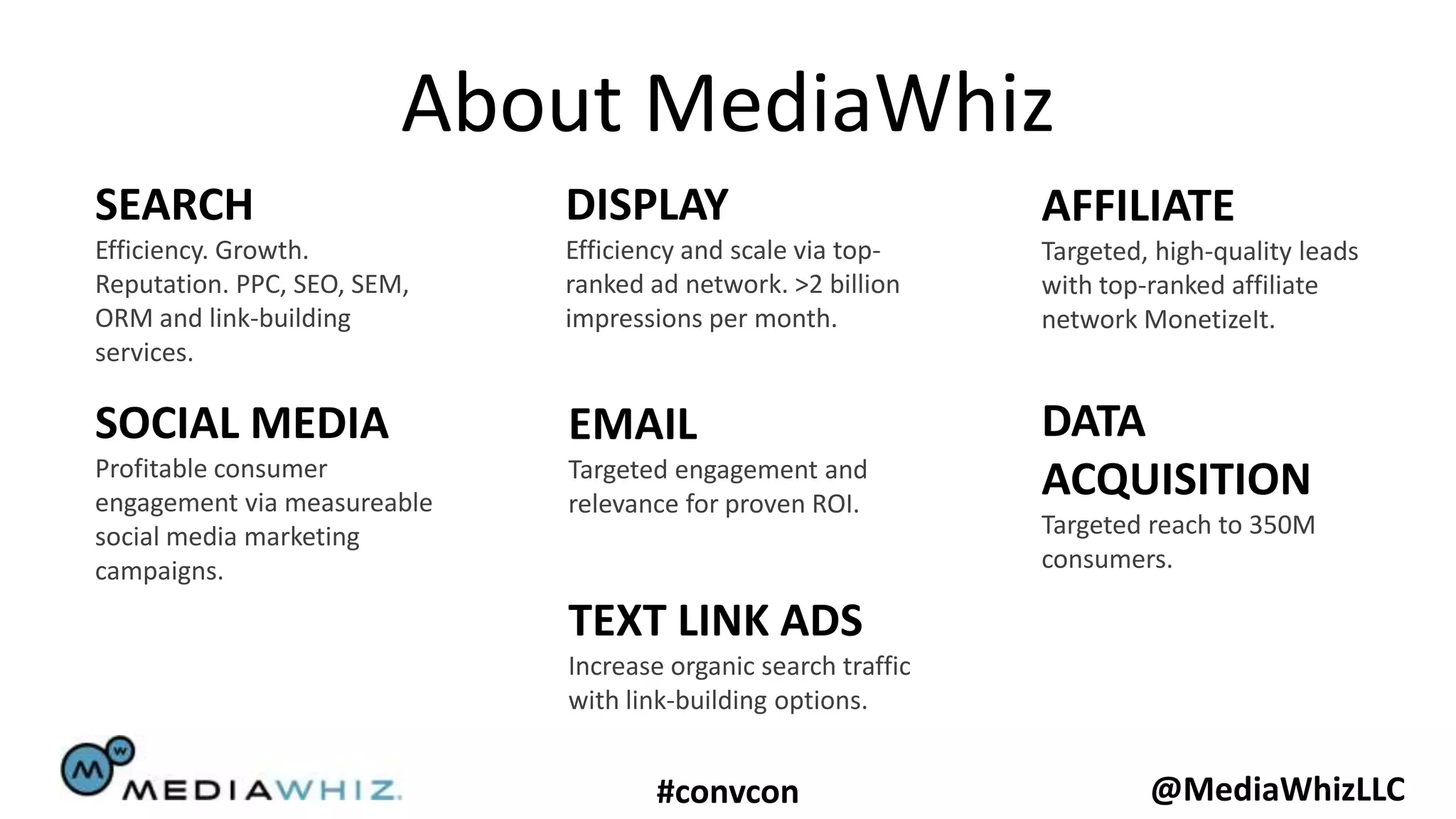 About MediaWhiz
SEARCH                       DISPLAY                           AFFILIATE
Efficiency. Growth.          Efficiency and scale via top-     Targeted, high-quality leads
Reputation. PPC, SEO, SEM,   ranked ad network. >2 billion     with top-ranked affiliate
ORM and link-building        impressions per month.            network MonetizeIt.
services.

SOCIAL MEDIA                 EMAIL                             DATA
Profitable consumer          Targeted engagement and
engagement via measureable   relevance for proven ROI.
                                                               ACQUISITION
social media marketing                                         Targeted reach to 350M
campaigns.                                                     consumers.

                             TEXT LINK ADS
                             Increase organic search traffic
                             with link-building options.


                                    #convcon                            @MediaWhizLLC
 