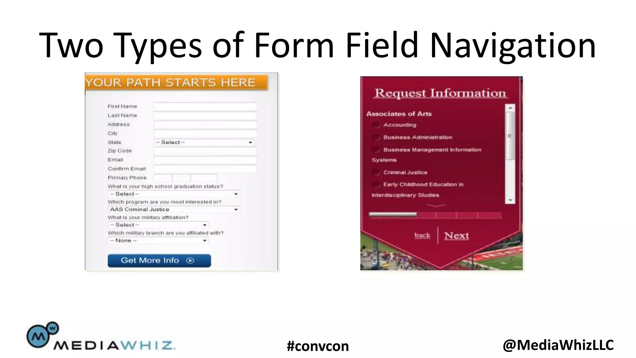 Two Types of Form Field Navigation




               #convcon     @MediaWhizLLC
 