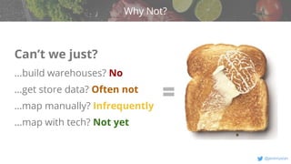 v
@jeremystan
Why Not?
Can’t we just?
...build warehouses? No
...get store data? Often not
…map manually? Infrequently
...map with tech? Not yet
 