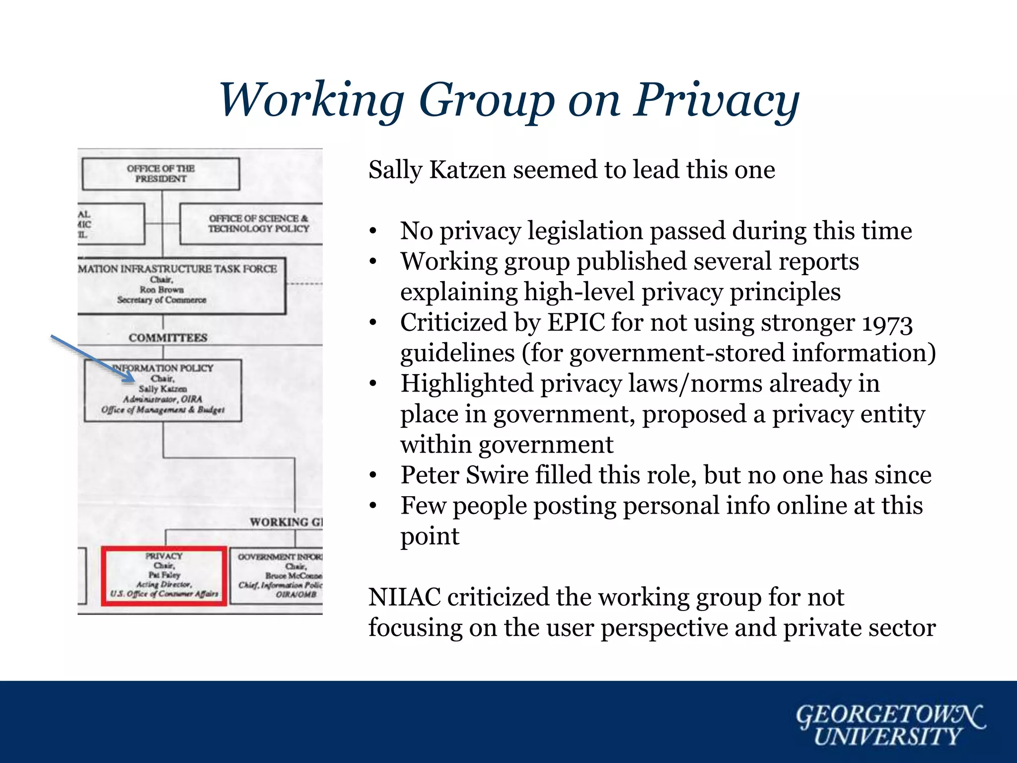 Working Group on Privacy
Sally Katzen seemed to lead this one
• No privacy legislation passed during this time
• Working group published several reports
explaining high-level privacy principles
• Criticized by EPIC for not using stronger 1973
guidelines (for government-stored information)
• Highlighted privacy laws/norms already in
place in government, proposed a privacy entity
within government
• Peter Swire filled this role, but no one has since
• Few people posting personal info online at this
point
NIIAC criticized the working group for not
focusing on the user perspective and private sector
 