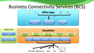 Business Connectivity Services (BCS)Office AppsClient RuntimeOffline OperationsCacheDesign ToolsSharePointVisual Studio 2010EnterpriseSearchDevelopmentPlatformBusiness IntelligenceEnterprise content mgmtCollaboration socialECT StoreRuntimeSecuritySolution PackagingOut of the box UISharePoint Designer 2010Web 2.0DBWCFWeb Service.NET LOB