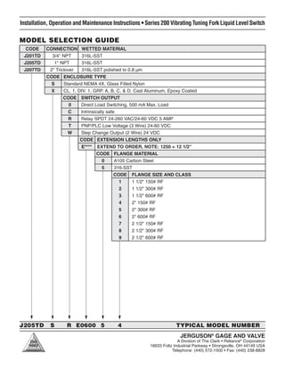 CODE CONNECTION WETTED MATERIAL
J201TD 3/4" NPT 316L-SST
J205TD 1" NPT 316L-SST
J207TD 2" Triclover 316L-SST polished to 0.8 µm
CODE ENCLOSURE TYPE
S Standard NEMA 4X, Glass Filled Nylon
X CL. 1, DIV. 1, GRP. A, B, C, & D, Cast Aluminum, Epoxy Coated
CODE SWITCH OUTPUT
0 Direct Load Switching, 500 mA Max. Load
C Intrinsically safe
R Relay SPDT 24-260 VAC/24-60 VDC 5 AMP
T PNP/PLC Low Voltage (3 Wire) 24-60 VDC
W Step Change Output (2 Wire) 24 VDC
CODE EXTENSION LENGTHS ONLY
E**** EXTEND TO ORDER, NOTE: 1250 = 12 1/2"
CODE FLANGE MATERIAL
0 A105 Carbon Steel
5 316-SST
CODE FLANGE SIZE AND CLASS
1 1 1/2" 150# RF
2 1 1/2" 300# RF
3 1 1/2" 600# RF
4 2" 150# RF
5 2" 300# RF
6 2" 600# RF
7 2 1/2" 150# RF
8 2 1/2" 300# RF
9 2 1/2" 600# RF
MODEL SELECTION GUIDE
J205TD S R E0600 5 4 TYPICAL MODEL NUMBER
JERGUSON®
GAGE AND VALVE
A Division of The Clark • Reliance®
Corporation
16633 Foltz Industrial Parkway • Strongsville, OH 44149 USA
Telephone: (440) 572-1500 • Fax: (440) 238-8828
Installation, Operation and Maintenance Instructions • Series 200 Vibrating Tuning Fork Liquid Level Switch
 