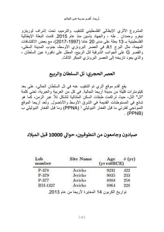 ،‫أريحا‬
‫أقدم‬
‫مدينة‬
‫في‬
‫العالم‬ .
[
10
]
‫للتنقيب‬ ‫الفلسطيني‬ ‫اإليطالي‬ ‫األثري‬ ‫المشروع‬
‫لورينزو‬ ‫إشراف‬ ‫تحت‬ ،‫والترميم‬
‫طه‬ . ‫وحمدان‬ ‫نيغرو‬
‫عام‬ ‫منذ‬ ‫ياسين‬ ‫والجهاد‬ ،
2015
‫اإليطالية‬ ‫البعثة‬ ‫قامت‬ .
‫بـ‬ ‫الفلسطينية‬
13
‫مدى‬ ‫على‬ ‫بعثة‬
20
( ‫ا‬ً‫م‬‫عا‬
1997
-
2017
‫االكتشافات‬ ‫بعض‬ ‫مع‬ ،)
‫البرج‬ ‫مثل‬ ،‫المهمة‬
A1
،‫السفلى‬ ‫المدينة‬ ‫جنوب‬ ،‫األوسط‬ ‫البرونزي‬ ‫العصر‬ ‫في‬
‫والقصر‬
G
‫الجوانب‬ ‫على‬
، ‫السلطان‬ ‫عين‬ ‫نافورة‬ ‫على‬ ‫المطل‬ ،‫الربيع‬ ‫لتل‬ ‫الشرقية‬
.‫الثالث‬ ‫المبكر‬ ‫البرونزي‬ ‫العصر‬ ‫إلى‬ ‫تاريخه‬ ‫يعود‬ ‫والذي‬
‫والربيع‬ ‫السلطان‬ ‫تل‬ :‫الحجري‬‫العرص‬
‫بعد‬ ‫على‬ ،‫الحالي‬ ‫السلطان‬ ‫تل‬ ‫في‬ ‫عنه‬ ‫التنقيب‬ ‫تم‬ ‫أثري‬ ‫موقع‬ ‫أقدم‬ ‫يقع‬
‫من‬ ‫كل‬ ‫في‬ .‫الحالية‬ ‫أريحا‬ ‫مدينة‬ ‫من‬ ‫قليلة‬ ‫كيلومترات‬
‫كلمة‬ ‫تعني‬ ،‫والعبرية‬ ‫العربية‬
‫هو‬ ‫كما‬ ،‫الزمن‬ ‫عبر‬ ً‫ال‬‫ت‬ ‫لتشكل‬ ‫المتتالية‬ ‫السكن‬ ‫طبقات‬ ‫تراكمت‬ ‫حيث‬ ،‫التل‬ "‫"تل‬
‫الموقع‬ ‫أريحا‬ ‫عد‬ُ‫ت‬‫و‬ .‫واألناضول‬ ‫األوسط‬ ‫الشرق‬ ‫في‬ ‫القديمة‬ ‫المستوطنات‬ ‫في‬ ‫شائع‬
( ‫أ‬ ‫النيوليثي‬ ‫الفخار‬ ‫قبل‬ ‫ما‬ ‫لفترتي‬ ‫النموذجي‬
PPNA
‫ب‬ ‫النيوليثي‬ ‫الفخار‬ ‫قبل‬ ‫وما‬ )
(
PPNB
)
.
‫ي‬
‫حوال‬ ، ‫ن‬
‫النطوفيي‬ ‫من‬ ‫وجامعون‬ ‫صيادون‬
10000
‫الميالد‬ ‫قبل‬
‫الكربون‬ ‫تواريخ‬
14
‫عام‬ ‫من‬ ‫ألريحا‬ ‫المعايرة‬
2013
.
 