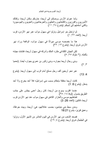 ،‫أريحا‬
‫أقدم‬
‫مدينة‬
‫في‬
‫العالم‬ .
[
90
]
‫وكذلك‬ ،‫أريحا‬ ‫سكان‬ ‫حاربكم‬ ،‫أريحا‬ ‫إلى‬ ‫ووصلتم‬ ‫األردن‬ ‫عبرتم‬ ‫ولما‬
‫األمو‬
‫واليبوسيون؛‬ ‫والحويون‬ ‫والجرجاشيون‬ ‫والحثيون‬ ‫والكنعانيون‬ ‫والفرزيون‬ ‫ريون‬
‫(يشوع‬ .‫أيديكم‬ ‫إلى‬ ‫أسلمتهم‬ ‫ولكني‬
٢٤
:
١١
)
‫قرب‬ ،‫األردن‬ ‫نهر‬ ‫عبر‬ ‫موآب‬ ‫سهول‬ ‫في‬ ‫ونزلوا‬ ‫إسرائيل‬ ‫بنو‬ ‫ارتحل‬ ‫ثم‬
‫(العدد‬ .‫أريحا‬
٢٢
:
١
)
‫نهر‬ ‫وراء‬ ‫الواقعة‬ ،‫موآب‬ ‫سهول‬ ‫في‬ ‫ا‬ً‫ث‬‫ميرا‬ ‫موسى‬ ‫خصصه‬ ‫ما‬ ‫هذا‬
‫األردن‬
‫(يشوع‬ .‫أريحا‬ ‫شرق‬
١٣
:
٣٢
)
‫جيشه‬ ‫فتشتت‬ ،‫أريحا‬ ‫سهول‬ ‫في‬ ‫وأدركه‬ ‫الملك‬ ‫طارد‬ ‫الكلداني‬ ‫الجيش‬ ‫لكن‬
( .‫بأكمله‬
٢
‫ملوك‬
٢٥
:
٥
)
‫(نحميا‬ .‫ًا‬‫ض‬‫أي‬ ‫بجواره‬ ‫عمري‬ ‫بن‬ ‫زكور‬ ‫وبنى‬ ،‫بجواره‬ ‫أريحا‬ ‫رجال‬ ‫وبنى‬
٣
:
٢
)
‫(يشوع‬ .‫أريحا‬ ‫سهول‬ ‫إلى‬ ‫الرب‬ ‫أمام‬ ‫مسلح‬ ‫رجل‬ ‫ألف‬ ‫أربعين‬ ‫نحو‬ ‫عبر‬
4
:
13
)
‫كانت‬
‫أحد‬ ‫وال‬ ‫يخرج‬ ‫أحد‬ ‫فال‬ ‫إسرائيل؛‬ ‫بني‬ ‫بسبب‬ ‫بإحكام‬ ‫مغلقة‬ ‫أريحا‬
‫(يشوع‬ .‫يدخل‬
6
:
1
)
‫جانب‬ ‫على‬ ‫يجلس‬ ‫أعمى‬ ‫رجل‬ ‫كان‬ ،‫أريحا‬ ‫من‬ ‫يسوع‬ ‫اقترب‬ ‫عندما‬
‫(لوقا‬ .‫يتسول‬ ‫الطريق‬
١٨
:
٣٥
)
‫قرب‬ ‫األردن‬ ‫نهر‬ ‫عند‬ ‫موآب‬ ‫سهول‬ ‫في‬ ‫الكاهن‬ ‫وألعازار‬ ‫موسى‬ ‫فخاطبهم‬
‫(العدد‬ :‫قائلين‬ ،‫أريحا‬
26
:
3
)
‫ومدن‬
،‫حوغلة‬ ‫وبيت‬ ،‫أريحا‬ :‫هي‬ ،‫عائالتهم‬ ‫بحسب‬ ،‫بنيامين‬ ‫بني‬ ‫سبط‬
‫يشوع‬ ،‫قيزيز‬ ‫وعمق‬
18:21
‫ونزلوا‬ ،‫األول‬ ‫الشهر‬ ‫من‬ ‫العاشر‬ ‫اليوم‬ ‫في‬ ‫األردن‬ ‫نهر‬ ‫من‬ ‫الشعب‬ ‫فصعد‬
.‫أريحا‬ ‫شرق‬ ‫الجلجال‬ ‫في‬
‫(يشوع‬
٤
:
١٩
)
 
