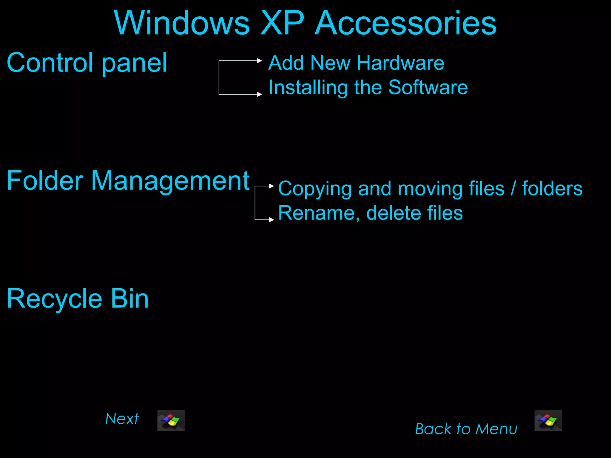 Windows XP Accessories
Control panel       Add New Hardware
                    Installing the Software



Folder Management    Copying and moving files / folders
                     Rename, delete files



Recycle Bin



       Next
                                    Back to Menu
 