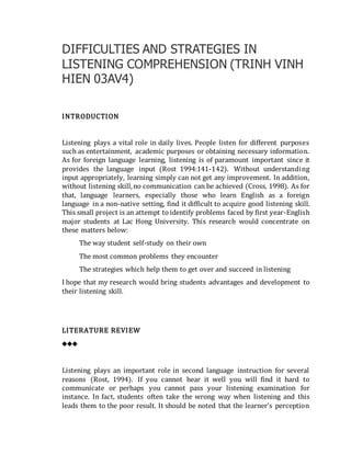 Research Reflection Topic: Listening Difficulties of Students | DOCX