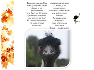 Здивувався страус Ему,
як малу побачив Емму:
— Думав я, ти —
пташенятко,
ну а бачу, що дівчатко.
Крил немає у дитини,
ані пуху, ні пір’їни!
Ні хвоста вона немає!
То чому ж так
називають?
Усміхнулося дівчатко:
— Звісно, я не
пташенятко.
Діти хоч і не хвостаті,
але вміють вже
читати.
Ти, як грамоти
навчишся,
теж збагнеш, де
помилився.
Емма — ось ім’я моє,
страус Ему — це твоє.
 