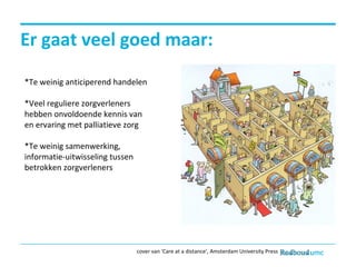 Er gaat veel goed maar:
cover van 'Care at a distance', Amsterdam University Press
*Te weinig anticiperend handelen
*Veel reguliere zorgverleners
hebben onvoldoende kennis van
en ervaring met palliatieve zorg
*Te weinig samenwerking,
informatie-uitwisseling tussen
betrokken zorgverleners
 