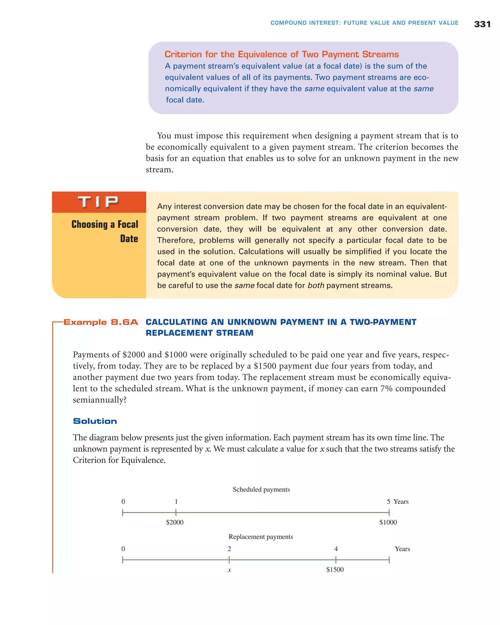 You must impose this requirement when designing a payment stream that is to
be economically equivalent to a given payment stream. The criterion becomes the
basis for an equation that enables us to solve for an unknown payment in the new
stream.
331COMPOUND INTEREST: FUTURE VALUE AND PRESENT VALUE
Criterion for the Equivalence of Two Payment Streams
A payment stream’s equivalent value (at a focal date) is the sum of the
equivalent values of all of its payments. Two payment streams are eco-
nomically equivalent if they have the same equivalent value at the same
focal date.
Any interest conversion date may be chosen for the focal date in an equivalent-
payment stream problem. If two payment streams are equivalent at one
conversion date, they will be equivalent at any other conversion date.
Therefore, problems will generally not specify a particular focal date to be
used in the solution. Calculations will usually be simplified if you locate the
focal date at one of the unknown payments in the new stream. Then that
payment’s equivalent value on the focal date is simply its nominal value. But
be careful to use the same focal date for both payment streams.
Choosing a Focal
Date
Example 8.6A CALCULATING AN UNKNOWN PAYMENT IN A TWO-PAYMENT
REPLACEMENT STREAM
Payments of $2000 and $1000 were originally scheduled to be paid one year and five years, respec-
tively, from today. They are to be replaced by a $1500 payment due four years from today, and
another payment due two years from today. The replacement stream must be economically equiva-
lent to the scheduled stream. What is the unknown payment, if money can earn 7% compounded
semiannually?
Solution
The diagram below presents just the given information. Each payment stream has its own time line. The
unknown payment is represented by x. We must calculate a value for x such that the two streams satisfy the
Criterion for Equivalence.
5 Years0 1
$1000$2000
Years0 2
$1500x
4
Replacement payments
Scheduled payments
 