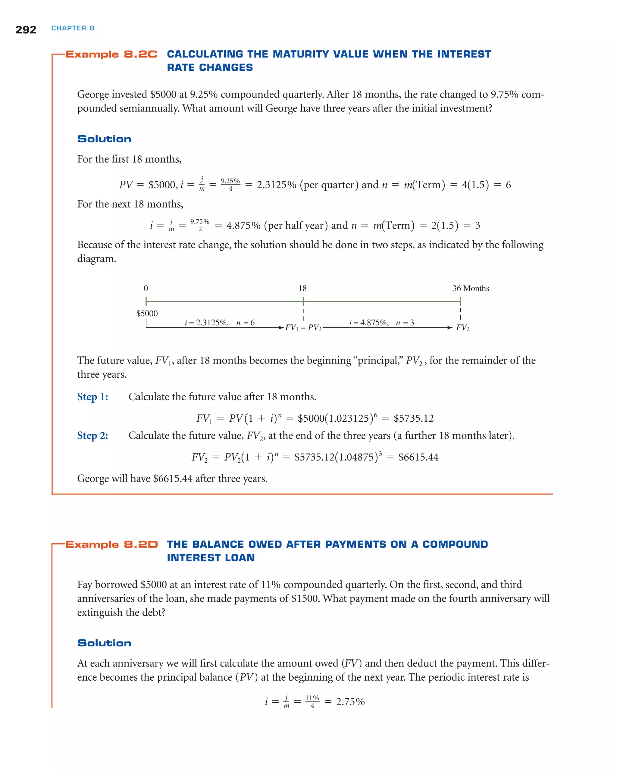 Example 8.2C CALCULATING THE MATURITY VALUE WHEN THE INTEREST
RATE CHANGES
George invested $5000 at 9.25% compounded quarterly. After 18 months, the rate changed to 9.75% com-
pounded semiannually. What amount will George have three years after the initial investment?
Solution
For the first 18 months,
For the next 18 months,
Because of the interest rate change, the solution should be done in two steps, as indicated by the following
diagram.
The future value, FV1, after 18 months becomes the beginning “principal,” PV2 , for the remainder of the
three years.
Step 1: Calculate the future value after 18 months.
Step 2: Calculate the future value, FV2, at the end of the three years (a further 18 months later).
George will have $6615.44 after three years.
Example 8.2D THE BALANCE OWED AFTER PAYMENTS ON A COMPOUND
INTEREST LOAN
Fay borrowed $5000 at an interest rate of 11% compounded quarterly. On the first, second, and third
anniversaries of the loan, she made payments of $1500. What payment made on the fourth anniversary will
extinguish the debt?
Solution
At each anniversary we will first calculate the amount owed (FV) and then deduct the payment. This differ-
ence becomes the principal balance (PV) at the beginning of the next year. The periodic interest rate is
i ϭ
j
m ϭ 11%
4 ϭ 2.75%
FV2 ϭ PV211 ϩ i2n
ϭ $5735.1211.0487523
ϭ $6615.44
FV1 ϭ PV 11 ϩ i2n
ϭ $500011.02312526
ϭ $5735.12
0
$5000
i = 2.3125%, n = 6
36 Months18
FV1 = PV2 FV2
i = 4.875%, n = 3
i ϭ
j
m ϭ 9.75%
2 ϭ 4.875% 1per half year2 and n ϭ m1Term2 ϭ 211.52 ϭ 3
PV ϭ $5000,i ϭ
j
m ϭ 9.25%
4 ϭ 2.3125% 1per quarter2 and n ϭ m1Term2 ϭ 411.52 ϭ 6
292 CHAPTER 8
 