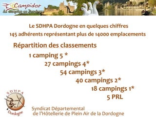 Le SDHPA Dordogne en quelques chiffres,[object Object],145 adhérents représentant plus de 14000 emplacements,[object Object],Répartition des classements,[object Object],	1 camping 5 * 		27 campings 4*			54 campings 3*				40 campings 2*					18 campings 1*						5 PRL	,[object Object],Syndicat Départemental de l’Hôtellerie de Plein Air de la Dordogne,[object Object]