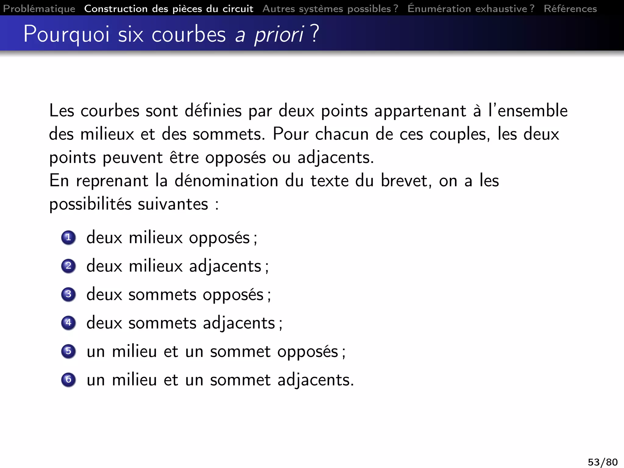 Problématique Construction des pièces du circuit Autres systèmes possibles ? Énumération exhaustive ? Références
Pourquoi six courbes a priori ?
Les courbes sont déﬁnies par deux points appartenant à l’ensemble
des milieux et des sommets. Pour chacun de ces couples, les deux
points peuvent être opposés ou adjacents.
En reprenant la dénomination du texte du brevet, on a les
possibilités suivantes :
1 deux milieux opposés ;
2 deux milieux adjacents ;
3 deux sommets opposés ;
4 deux sommets adjacents ;
5 un milieu et un sommet opposés ;
6 un milieu et un sommet adjacents.
53/80
 