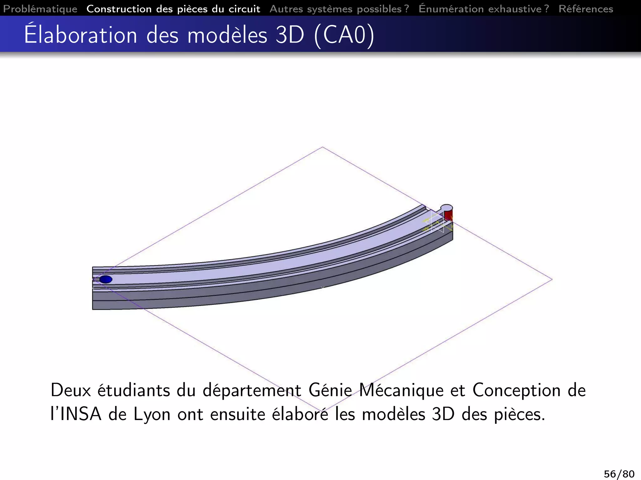 Problématique Construction des pièces du circuit Autres systèmes possibles ? Énumération exhaustive ? Références
Élaboration des modèles 3D (CA0)
Deux étudiants du département Génie Mécanique et Conception de
l’INSA de Lyon ont ensuite élaboré les modèles 3D des pièces.
56/80
 