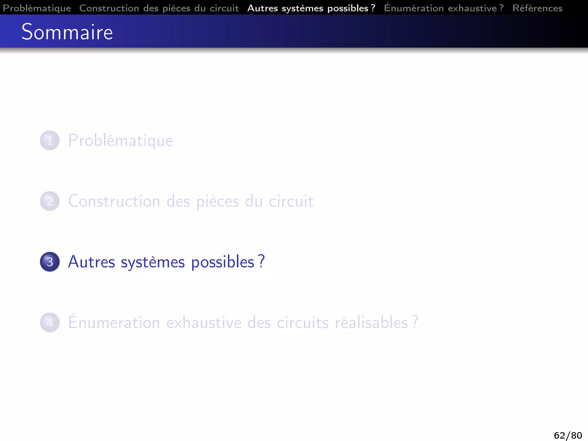 Problématique Construction des pièces du circuit Autres systèmes possibles ? Énumération exhaustive ? Références
Sommaire
1 Problématique
2 Construction des pièces du circuit
3 Autres systèmes possibles ?
4 Énumeration exhaustive des circuits réalisables ?
62/80
 