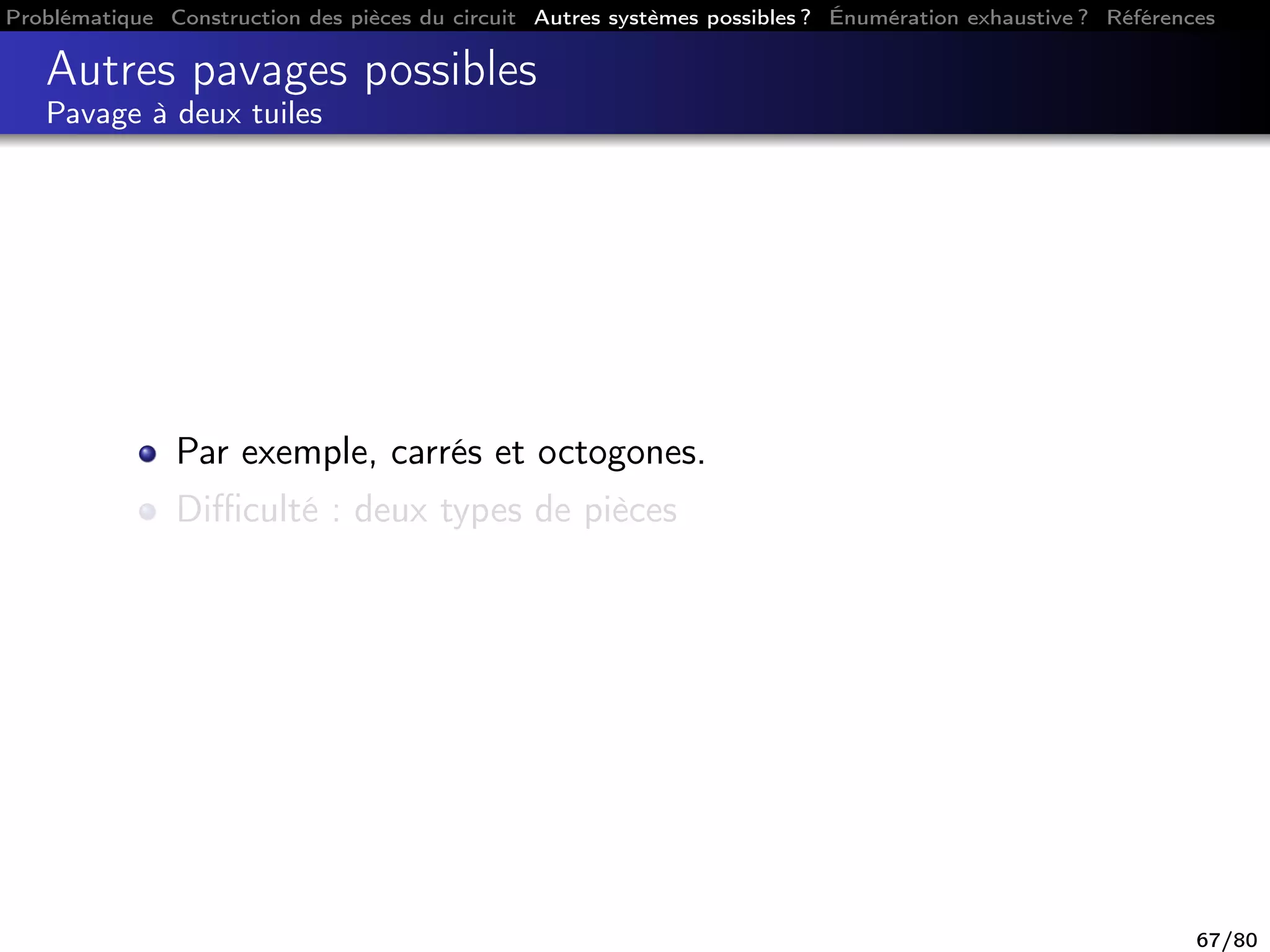 Problématique Construction des pièces du circuit Autres systèmes possibles ? Énumération exhaustive ? Références
Autres pavages possibles
Pavage à deux tuiles
Par exemple, carrés et octogones.
Diﬃculté : deux types de pièces
67/80
 