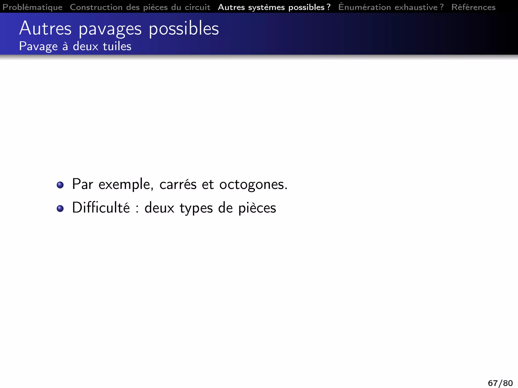 Problématique Construction des pièces du circuit Autres systèmes possibles ? Énumération exhaustive ? Références
Autres pavages possibles
Pavage à deux tuiles
Par exemple, carrés et octogones.
Diﬃculté : deux types de pièces
67/80
 