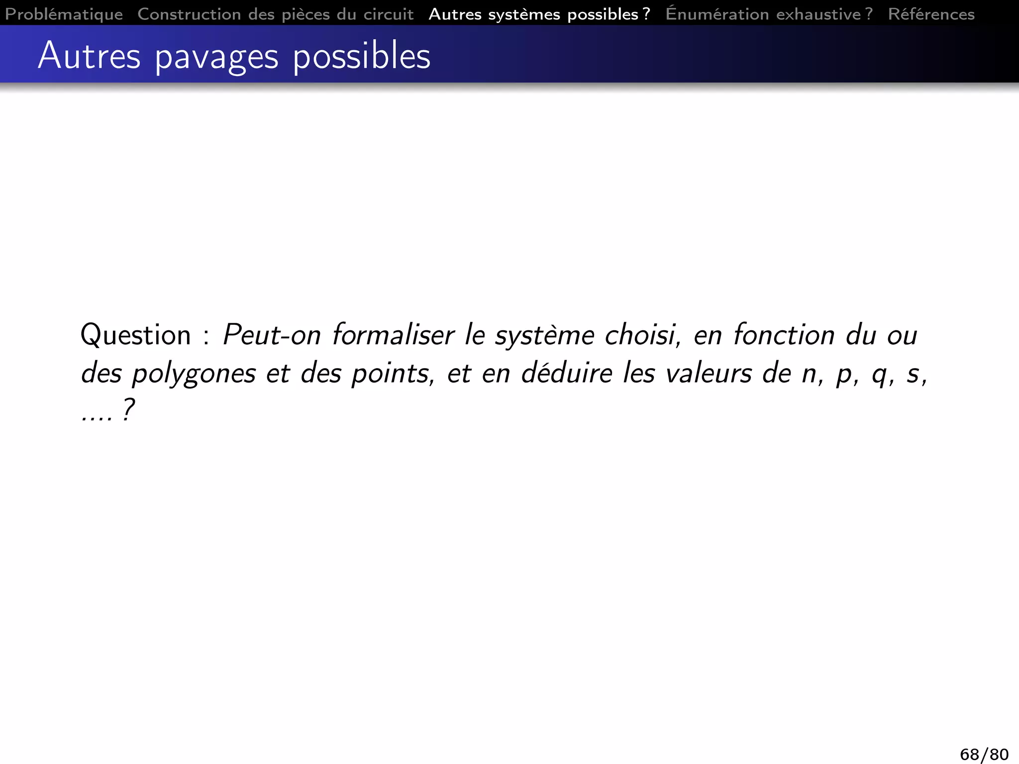 Problématique Construction des pièces du circuit Autres systèmes possibles ? Énumération exhaustive ? Références
Autres pavages possibles
Question : Peut-on formaliser le système choisi, en fonction du ou
des polygones et des points, et en déduire les valeurs de n, p, q, s,
.... ?
68/80
 