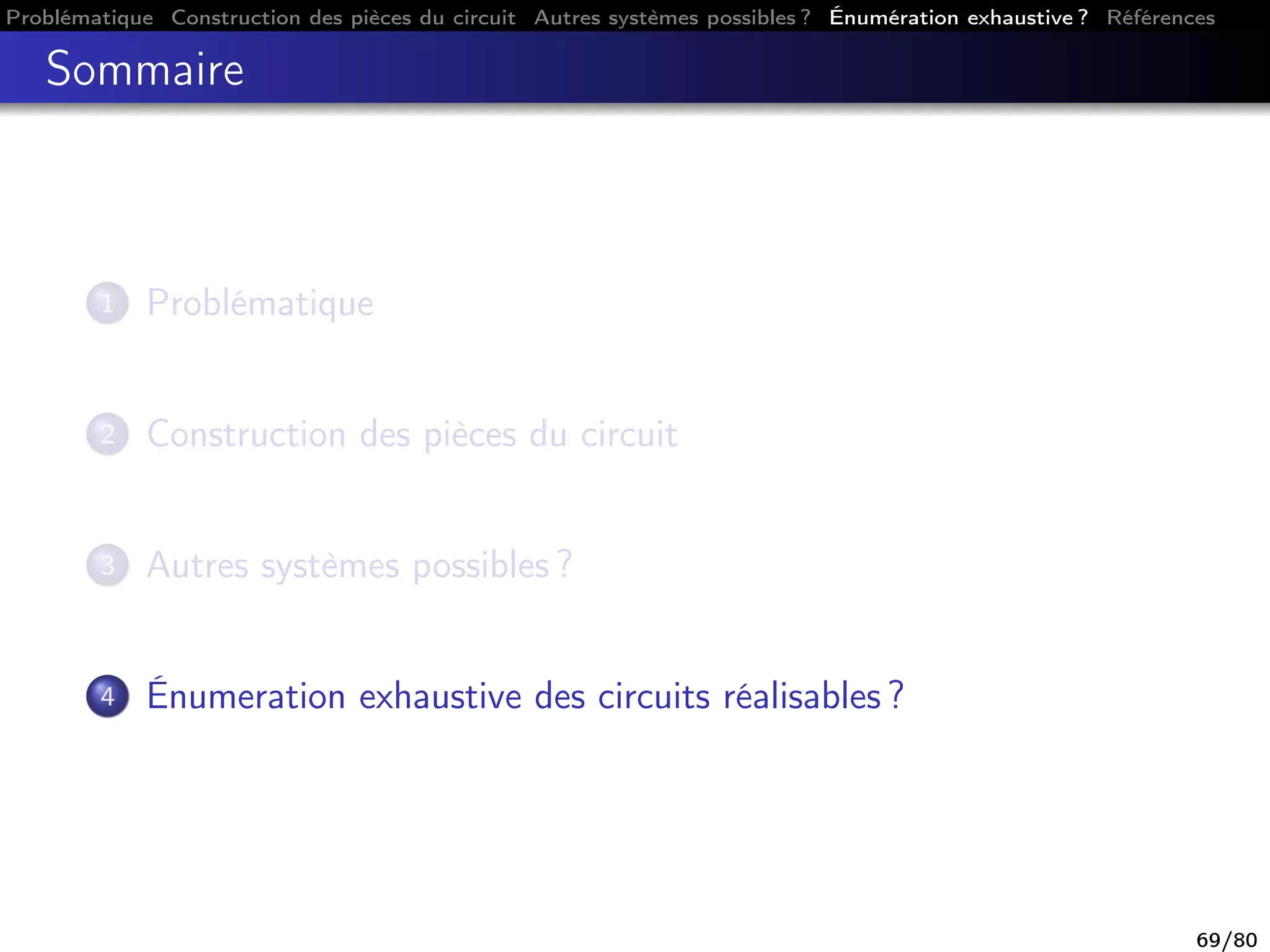 Problématique Construction des pièces du circuit Autres systèmes possibles ? Énumération exhaustive ? Références
Sommaire
1 Problématique
2 Construction des pièces du circuit
3 Autres systèmes possibles ?
4 Énumeration exhaustive des circuits réalisables ?
69/80
 