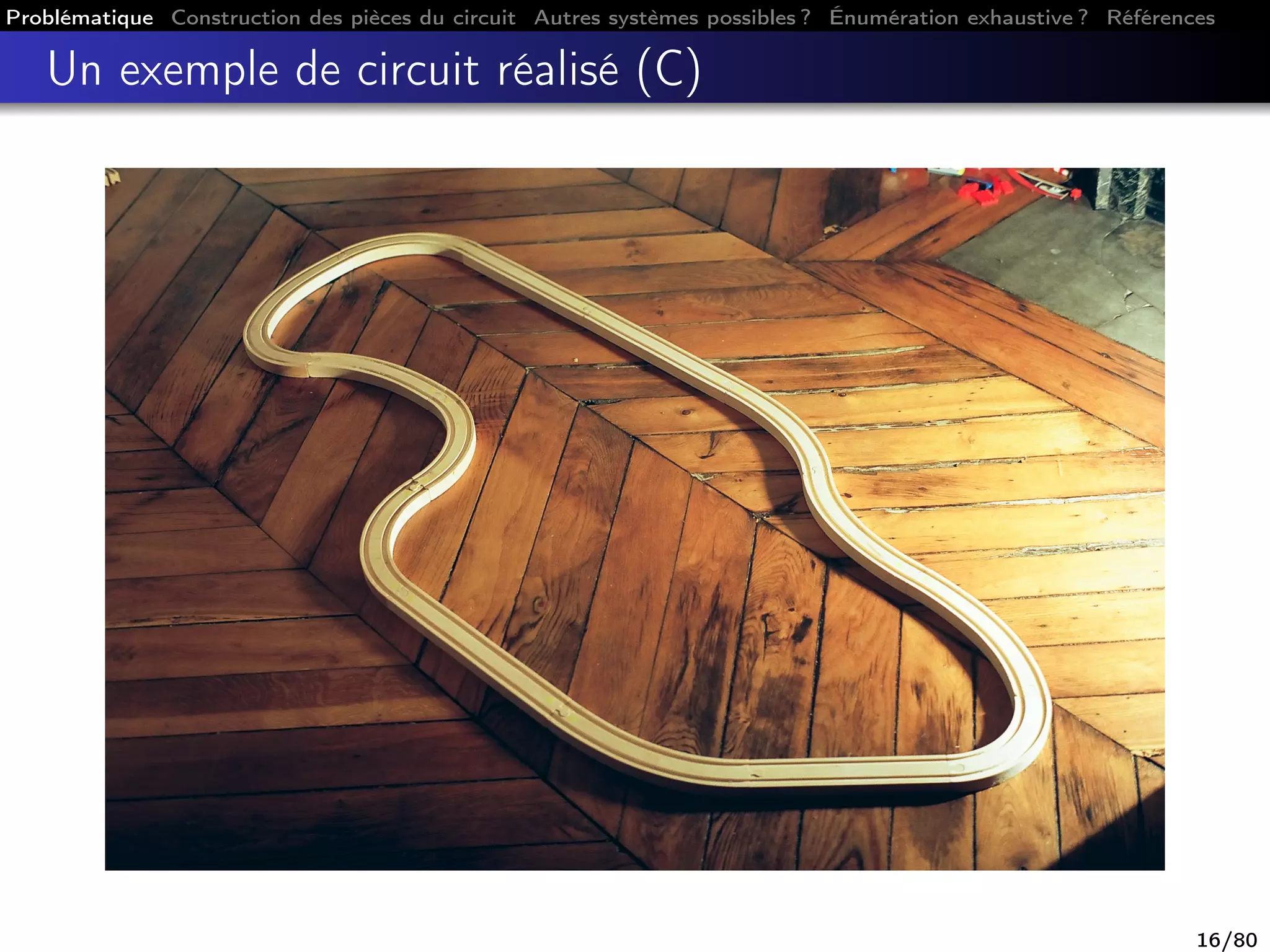 Problématique Construction des pièces du circuit Autres systèmes possibles ? Énumération exhaustive ? Références
Un exemple de circuit réalisé (C)
16/80
 