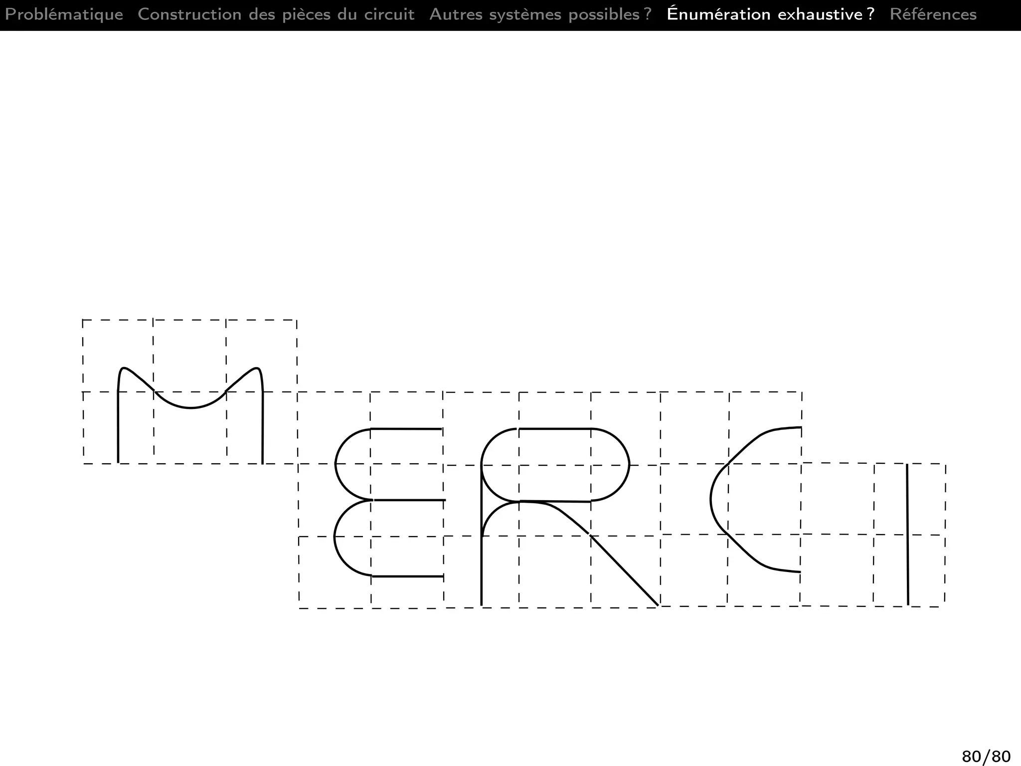 Problématique Construction des pièces du circuit Autres systèmes possibles ? Énumération exhaustive ? Références
80/80
 