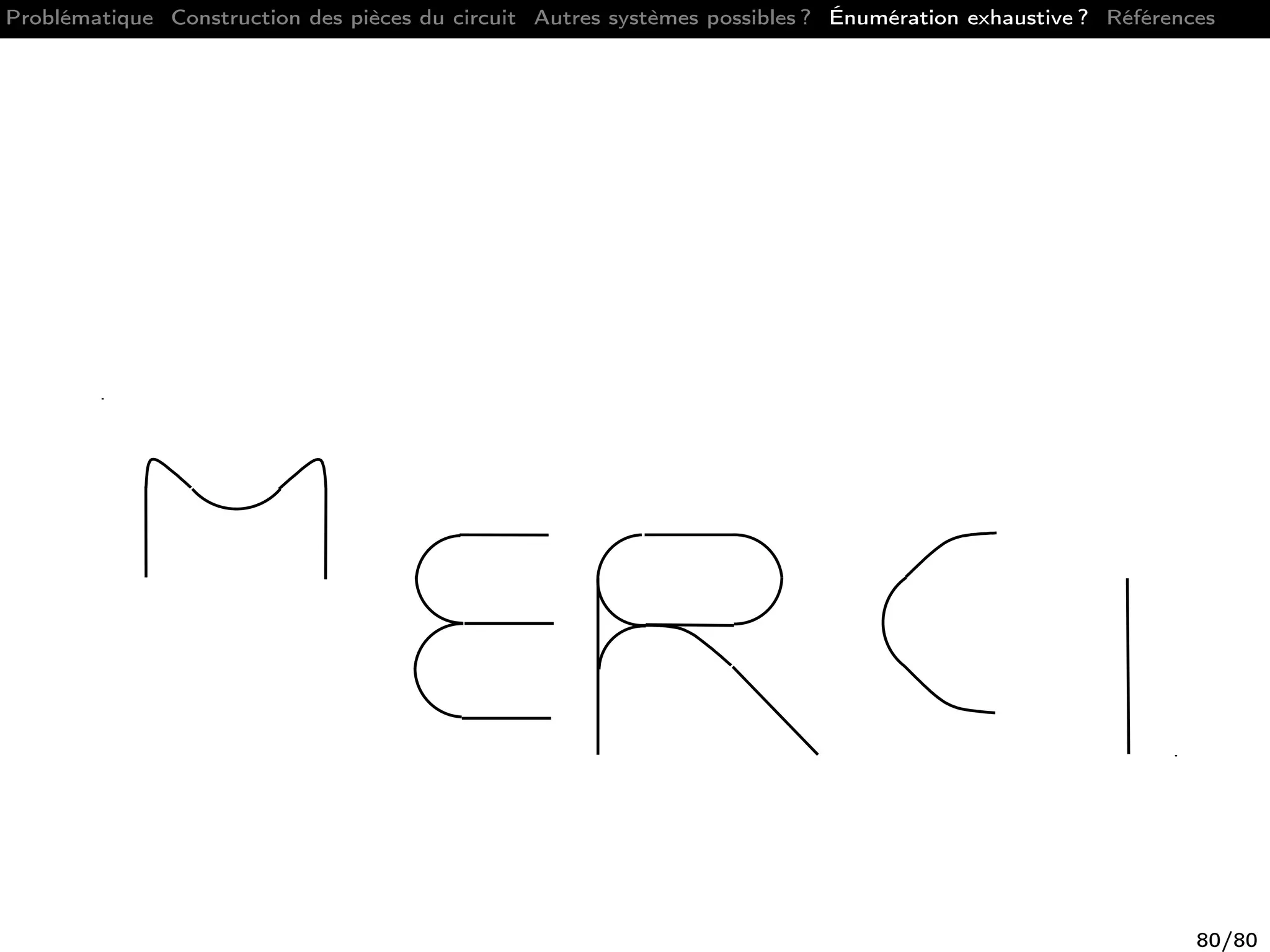 Problématique Construction des pièces du circuit Autres systèmes possibles ? Énumération exhaustive ? Références
80/80
 