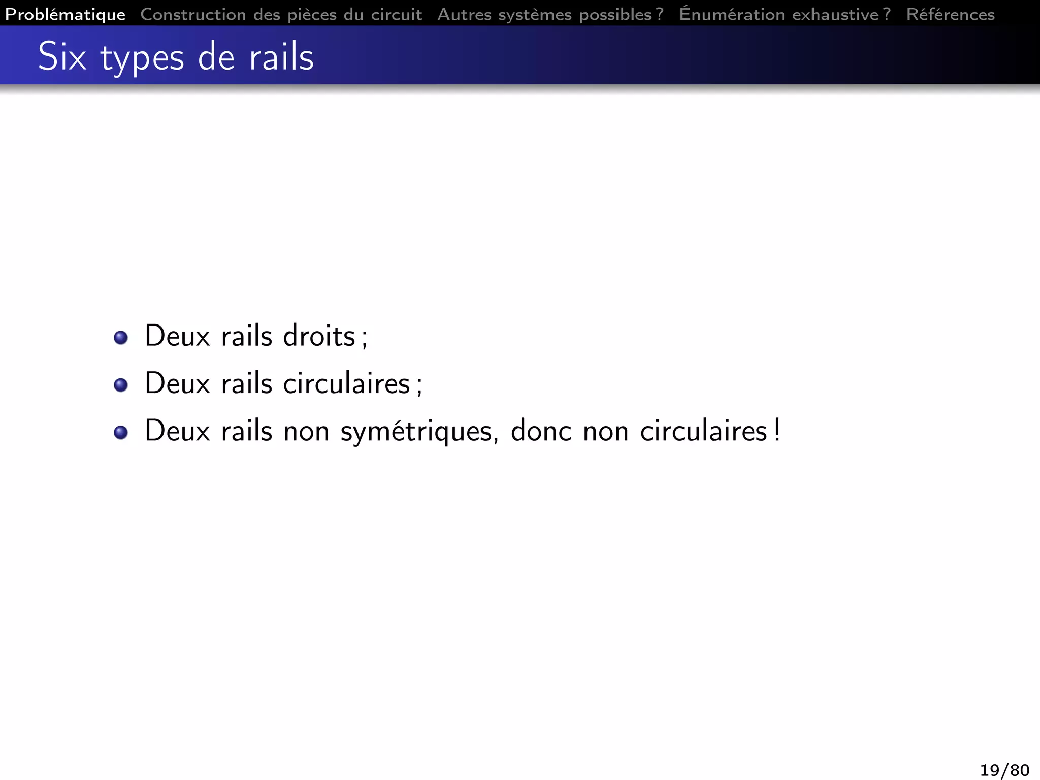 Problématique Construction des pièces du circuit Autres systèmes possibles ? Énumération exhaustive ? Références
Six types de rails
Deux rails droits ;
Deux rails circulaires ;
Deux rails non symétriques, donc non circulaires !
19/80
 