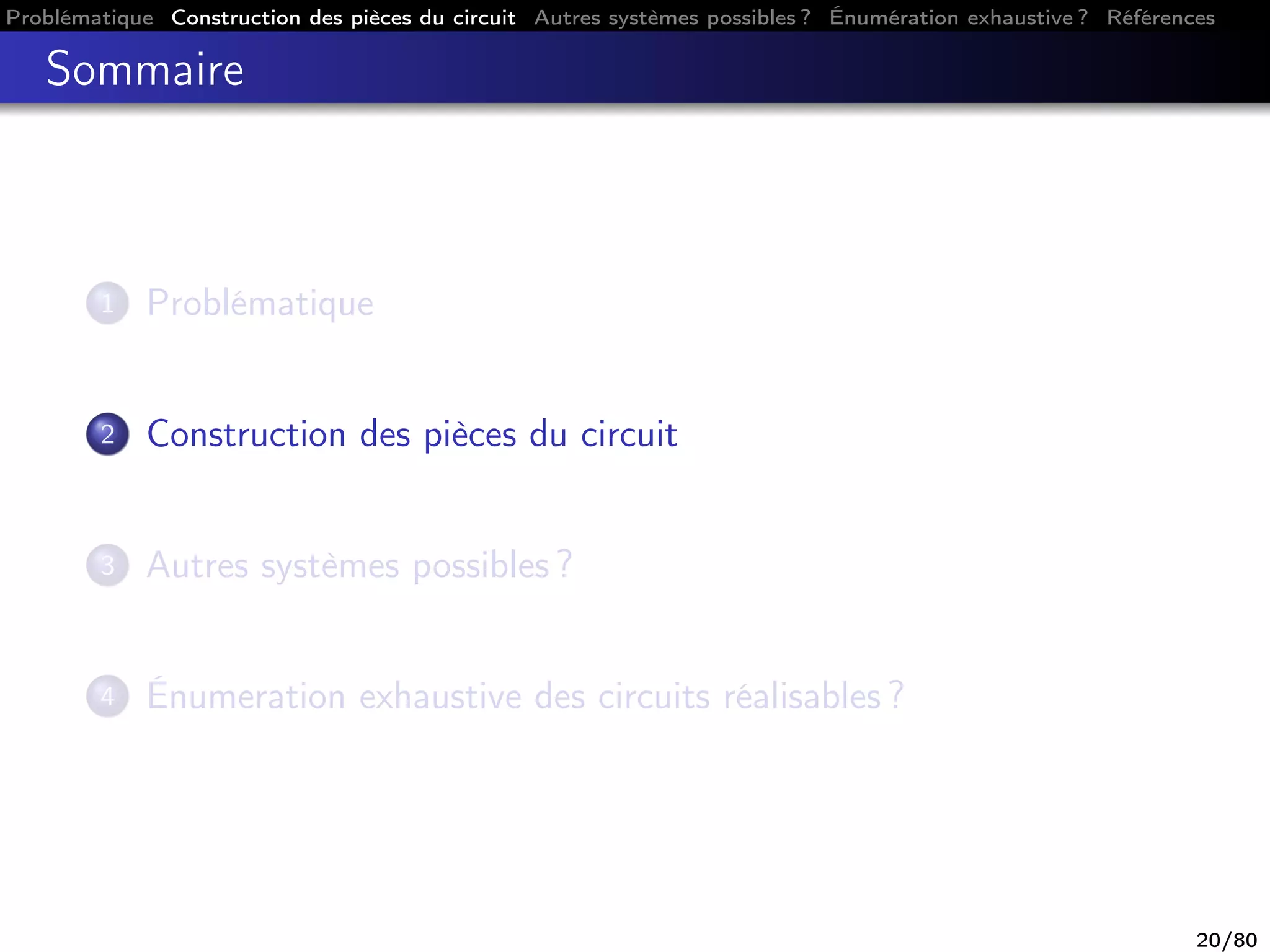 Problématique Construction des pièces du circuit Autres systèmes possibles ? Énumération exhaustive ? Références
Sommaire
1 Problématique
2 Construction des pièces du circuit
3 Autres systèmes possibles ?
4 Énumeration exhaustive des circuits réalisables ?
20/80
 