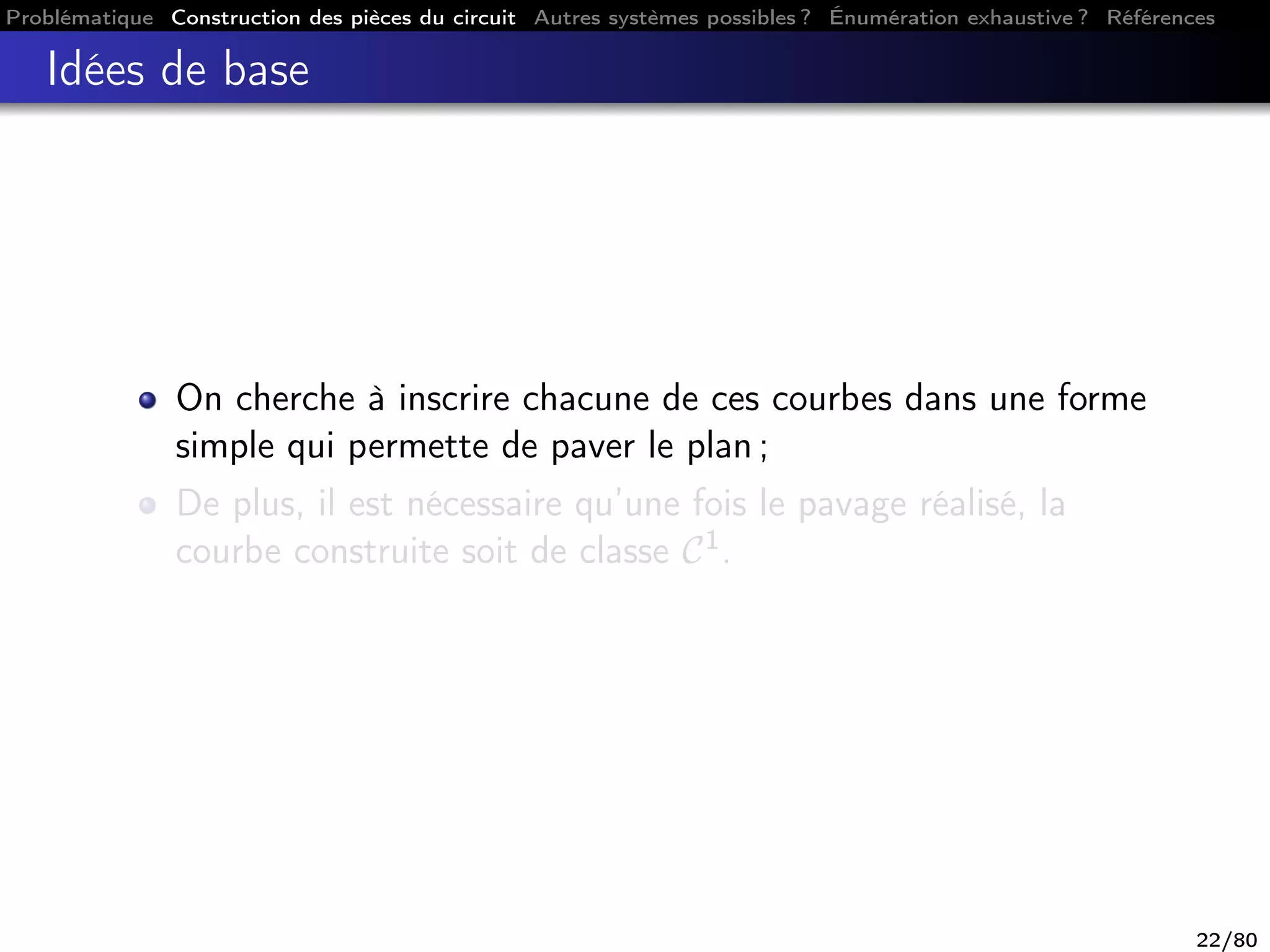 Problématique Construction des pièces du circuit Autres systèmes possibles ? Énumération exhaustive ? Références
Idées de base
On cherche à inscrire chacune de ces courbes dans une forme
simple qui permette de paver le plan ;
De plus, il est nécessaire qu’une fois le pavage réalisé, la
courbe construite soit de classe C1.
22/80
 
