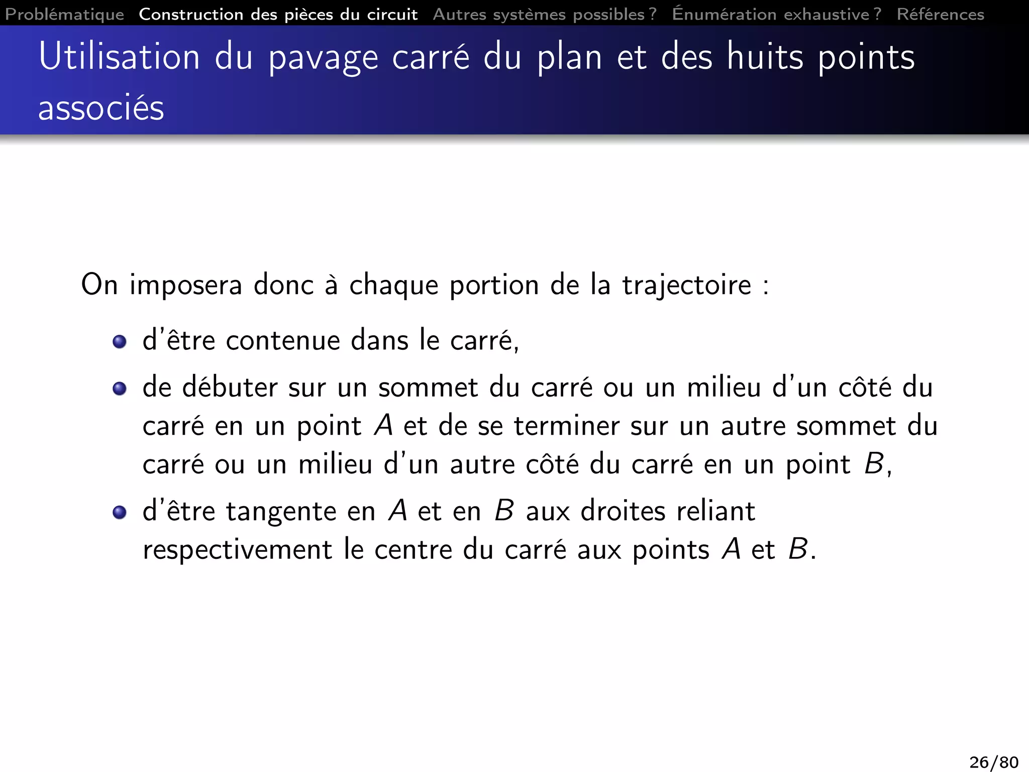 Problématique Construction des pièces du circuit Autres systèmes possibles ? Énumération exhaustive ? Références
Utilisation du pavage carré du plan et des huits points
associés
On imposera donc à chaque portion de la trajectoire :
d’être contenue dans le carré,
de débuter sur un sommet du carré ou un milieu d’un côté du
carré en un point A et de se terminer sur un autre sommet du
carré ou un milieu d’un autre côté du carré en un point B,
d’être tangente en A et en B aux droites reliant
respectivement le centre du carré aux points A et B.
26/80
 