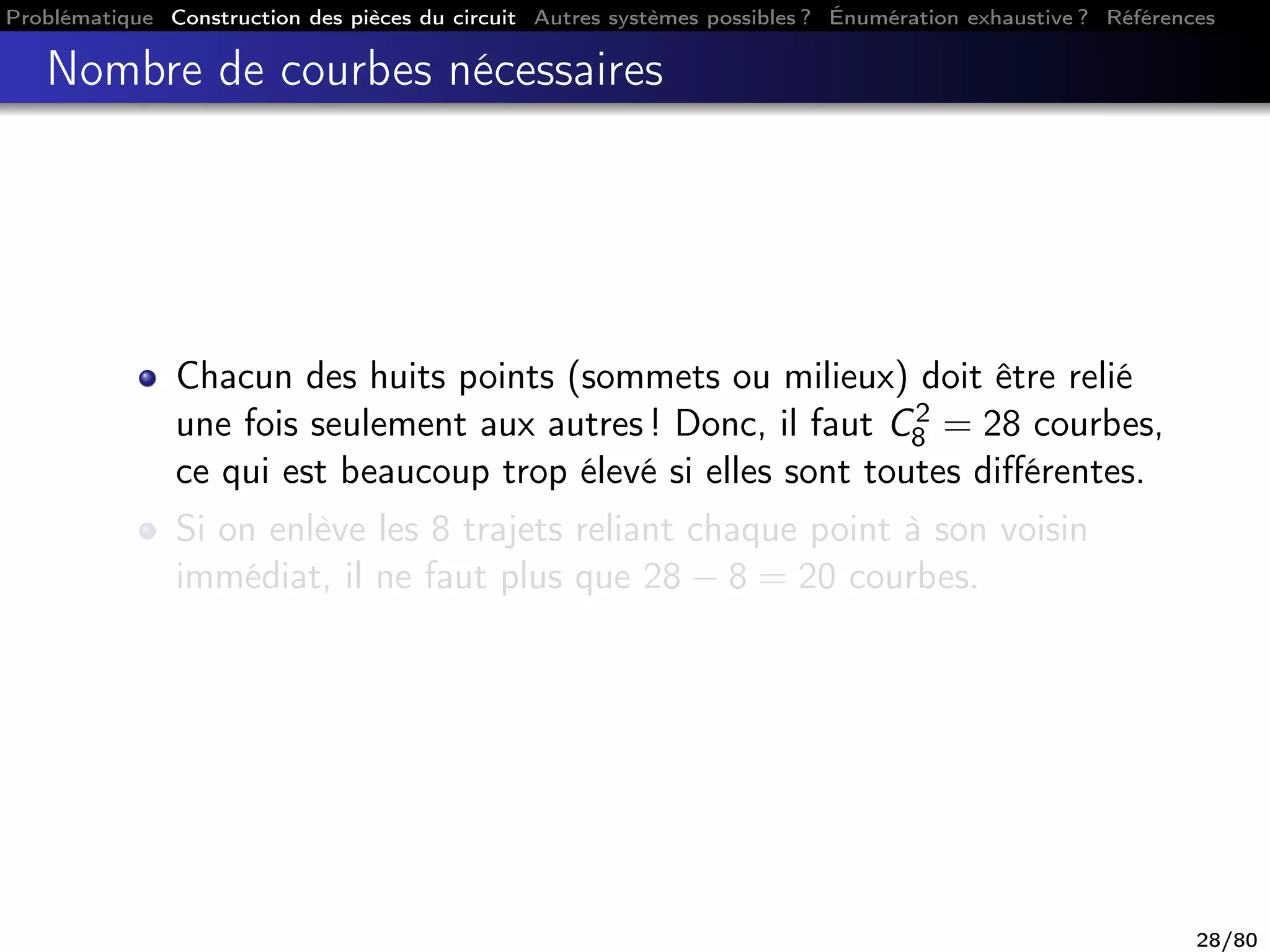 Problématique Construction des pièces du circuit Autres systèmes possibles ? Énumération exhaustive ? Références
Nombre de courbes nécessaires
Chacun des huits points (sommets ou milieux) doit être relié
une fois seulement aux autres ! Donc, il faut C2
8 = 28 courbes,
ce qui est beaucoup trop élevé si elles sont toutes diﬀérentes.
Si on enlève les 8 trajets reliant chaque point à son voisin
immédiat, il ne faut plus que 28 − 8 = 20 courbes.
28/80
 