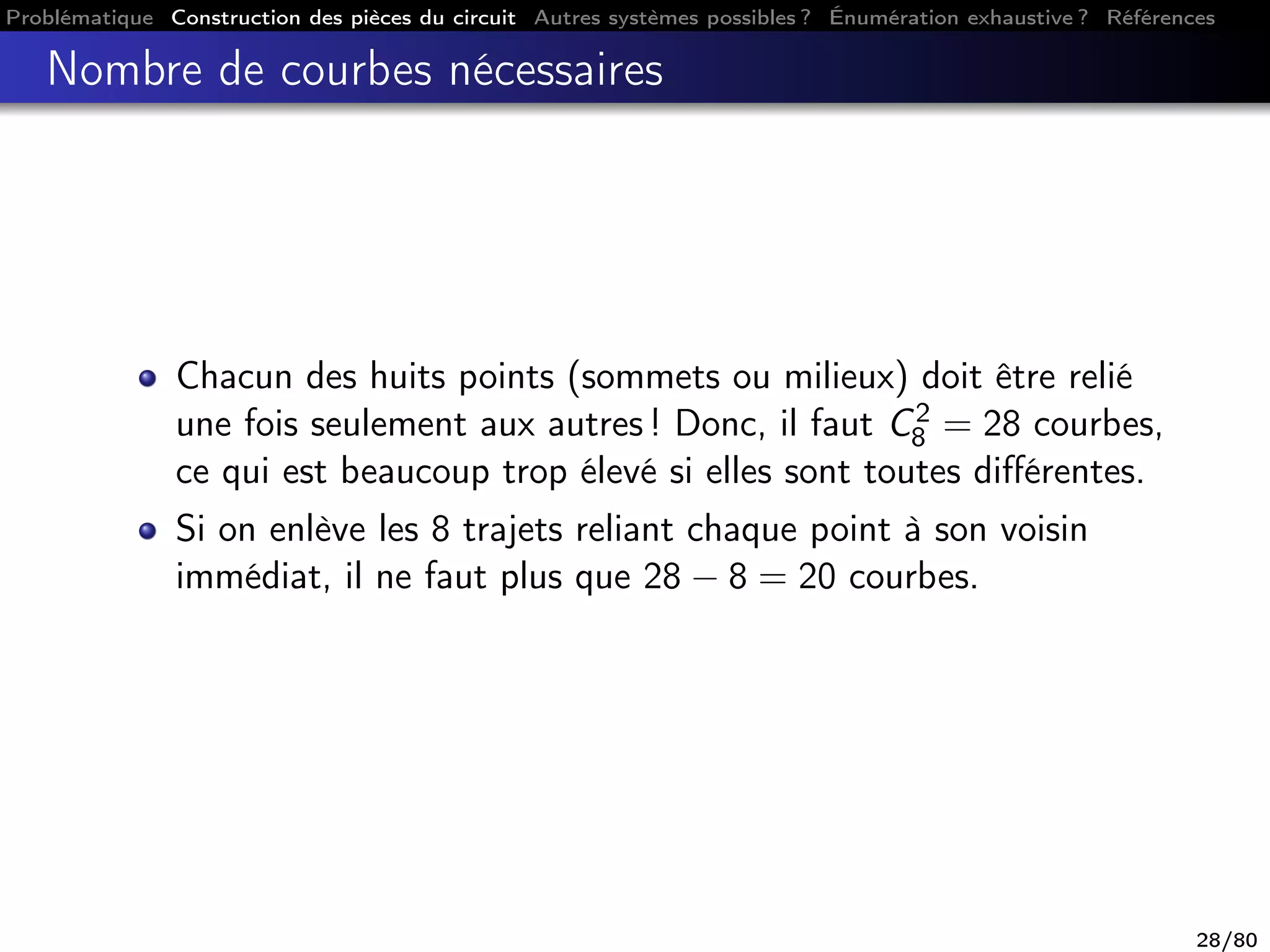 Problématique Construction des pièces du circuit Autres systèmes possibles ? Énumération exhaustive ? Références
Nombre de courbes nécessaires
Chacun des huits points (sommets ou milieux) doit être relié
une fois seulement aux autres ! Donc, il faut C2
8 = 28 courbes,
ce qui est beaucoup trop élevé si elles sont toutes diﬀérentes.
Si on enlève les 8 trajets reliant chaque point à son voisin
immédiat, il ne faut plus que 28 − 8 = 20 courbes.
28/80
 