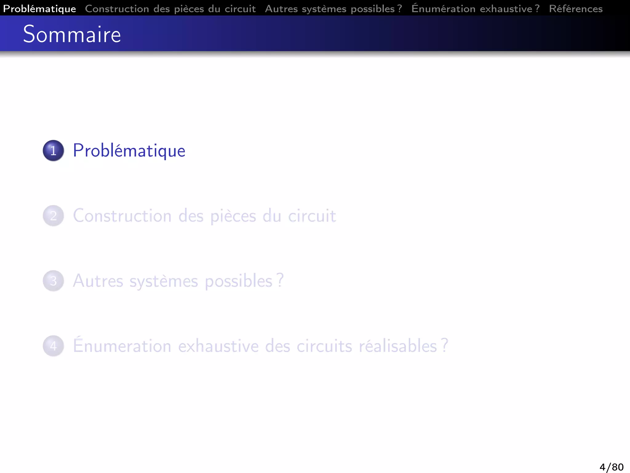 Problématique Construction des pièces du circuit Autres systèmes possibles ? Énumération exhaustive ? Références
Sommaire
1 Problématique
2 Construction des pièces du circuit
3 Autres systèmes possibles ?
4 Énumeration exhaustive des circuits réalisables ?
4/80
 