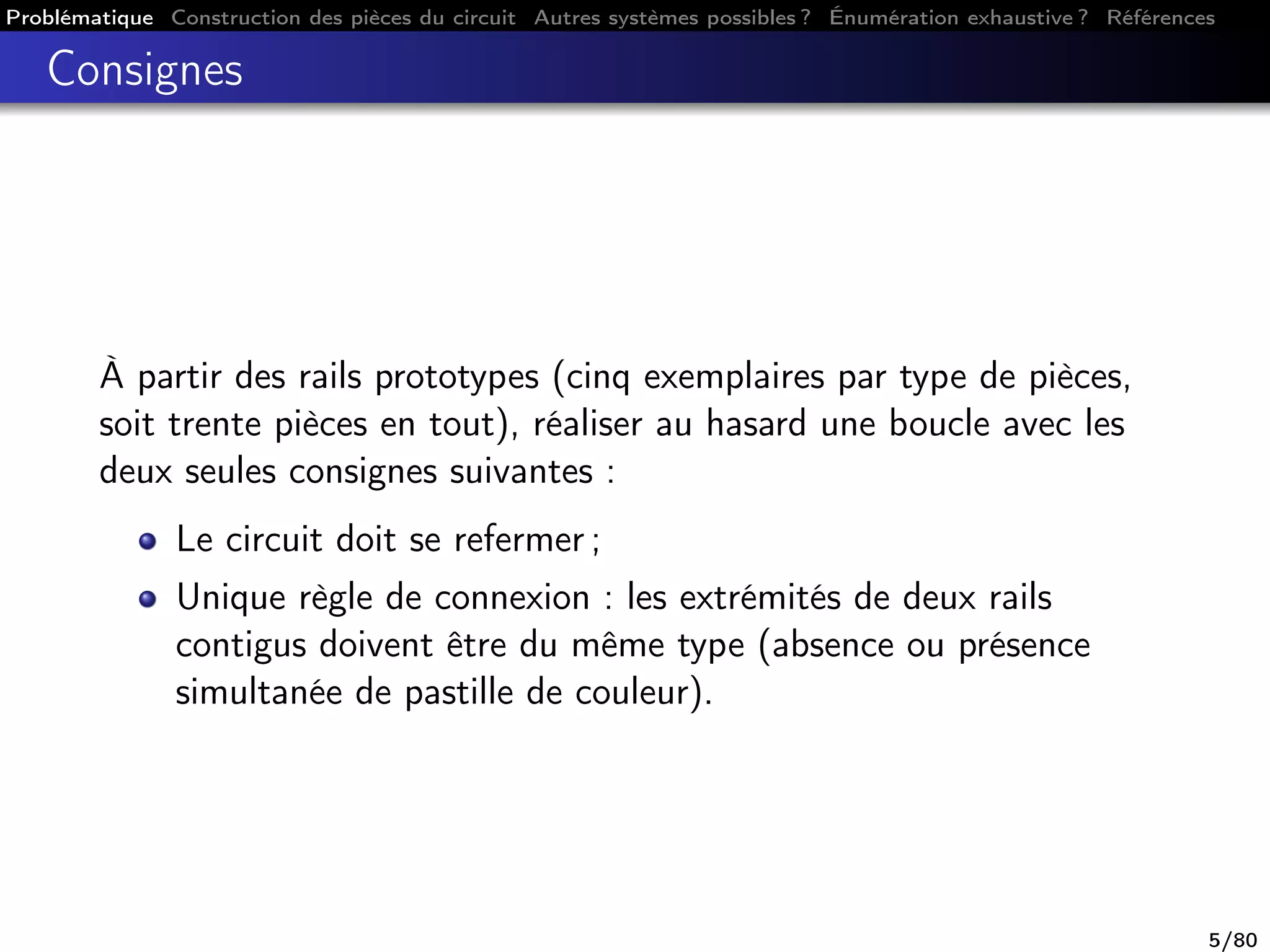 Problématique Construction des pièces du circuit Autres systèmes possibles ? Énumération exhaustive ? Références
Consignes
À partir des rails prototypes (cinq exemplaires par type de pièces,
soit trente pièces en tout), réaliser au hasard une boucle avec les
deux seules consignes suivantes :
Le circuit doit se refermer ;
Unique règle de connexion : les extrémités de deux rails
contigus doivent être du même type (absence ou présence
simultanée de pastille de couleur).
5/80
 