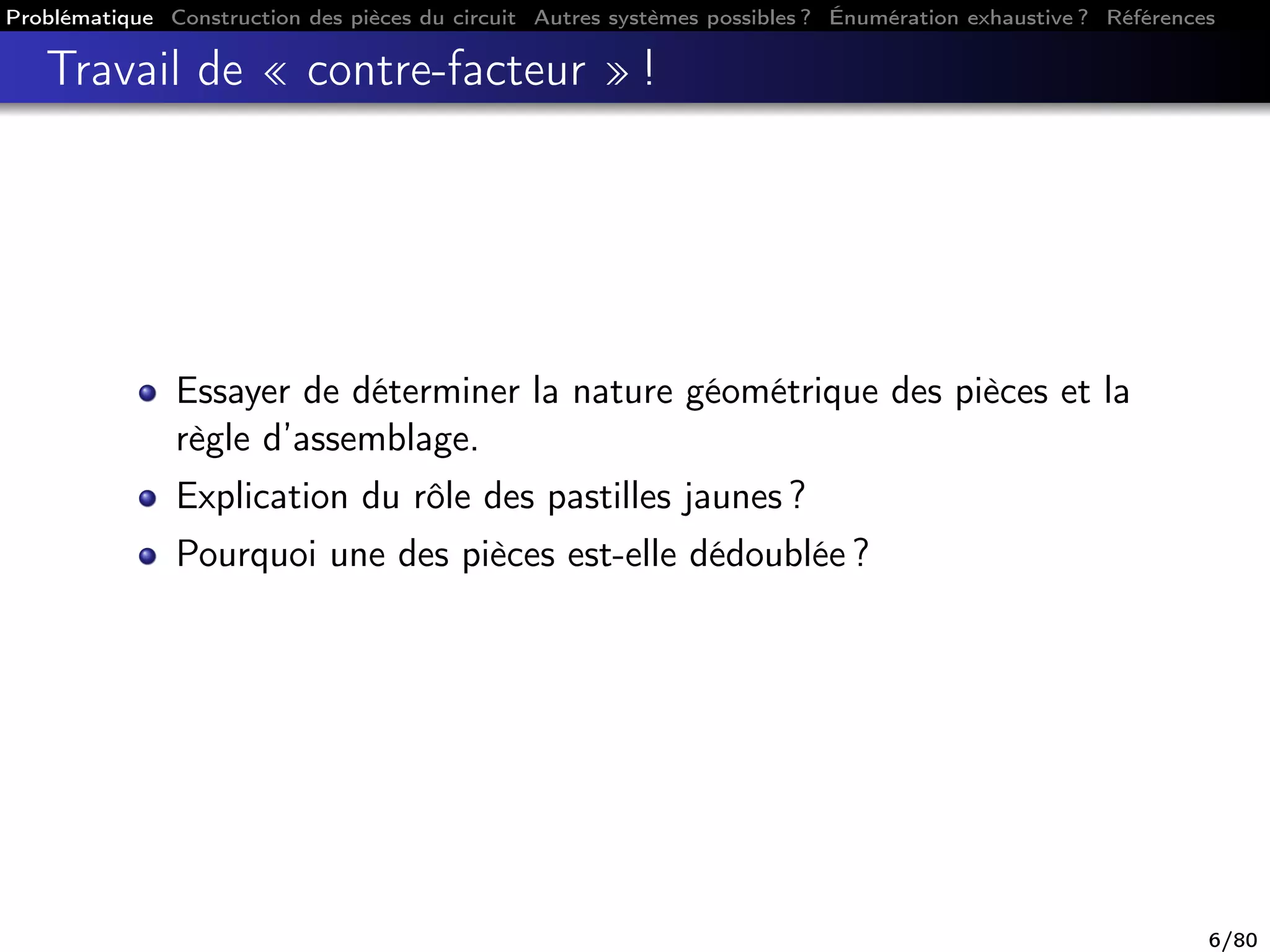 Problématique Construction des pièces du circuit Autres systèmes possibles ? Énumération exhaustive ? Références
Travail de « contre-facteur » !
Essayer de déterminer la nature géométrique des pièces et la
règle d’assemblage.
Explication du rôle des pastilles jaunes ?
Pourquoi une des pièces est-elle dédoublée ?
6/80
 