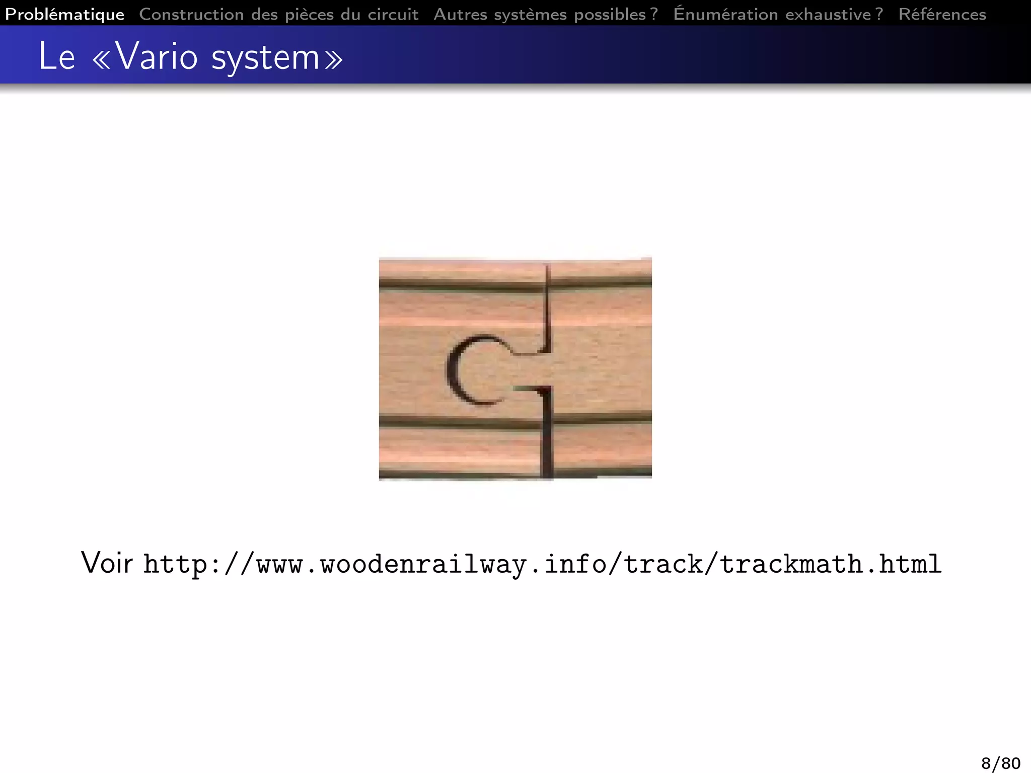 Problématique Construction des pièces du circuit Autres systèmes possibles ? Énumération exhaustive ? Références
Le «Vario system»
Voir http://www.woodenrailway.info/track/trackmath.html
8/80
 