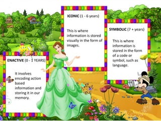 ICONIC (1 - 6 years)

This is where
information is stored
visually in the form of
images.

ENACTIVE (0 - 1 YEARS)
It involves
encoding action
based
information and
storing it in our
memory.

SYMBOLIC (7 + years)
This is where
information is
stored in the form
of a code or
symbol, such as
language.

 