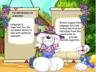 THE IMPORTANCE OF
LANGUAGE
Language is
important for the
increased ability to
deal with abstract
concepts.

Bruner argues that
language can code
stimuli and free an
individual from the
constraints to
provide
flexible cognition.

 