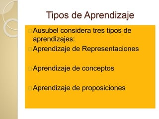 Tipos de Aprendizaje
Ausubel considera tres tipos de
aprendizajes:
Aprendizaje de Representaciones
Aprendizaje de conceptos
Aprendizaje de proposiciones
 