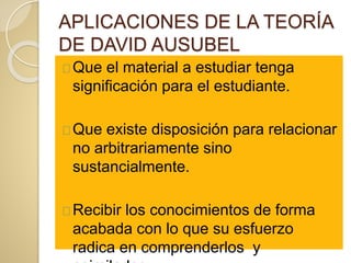 APLICACIONES DE LA TEORÍA
DE DAVID AUSUBEL
Que el material a estudiar tenga
significación para el estudiante.
Que existe disposición para relacionar
no arbitrariamente sino
sustancialmente.
Recibir los conocimientos de forma
acabada con lo que su esfuerzo
radica en comprenderlos y
 