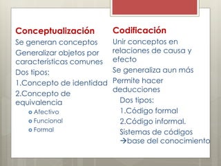 Conceptualización
Se generan conceptos
Generalizar objetos por
características comunes
Dos tipos:
1.Concepto de identidad
2.Concepto de
equivalencia
 Afectivo
 Funcional
 Formal
Codificación
Unir conceptos en
relaciones de causa y
efecto
Se generaliza aun más
Permite hacer
deducciones
Dos tipos:
1.Código formal
2.Código informal.
Sistemas de códigos
base del conocimiento
 