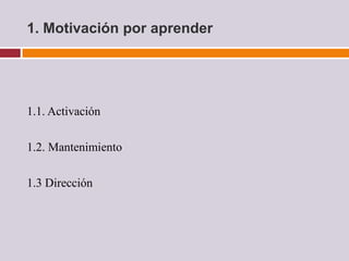 1. Motivación por aprender




1.1. Activación

1.2. Mantenimiento

1.3 Dirección
 