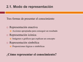 2.1. Modo de representación


Tres formas de presentar el conocimiento

   Representación enactiva
       Acciones apropiadas para conseguir un resultado
   Representación icónica
       Imágenes o gráficos que explican un concepto
   Representación simbólica
       Proposiciones lógicas o simbólicas


¿Cómo       representar el conocimiento?
 