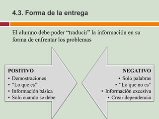 4.3. Forma de la entrega

 El alumno debe poder “traducir” la información en su
 forma de enfrentar los problemas




POSITIVO                                        NEGATIVO
• Demostraciones                              • Solo palabras
• “Lo que es”                               • “Lo que no es”
• Información básica                 • Información excesiva
• Solo cuando se debe                   • Crear dependencia
 